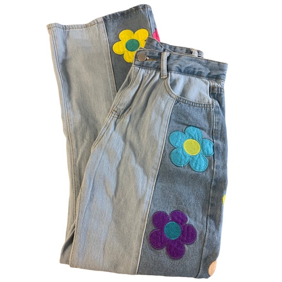 Blue Flower Power Hippie Embroidery Patchwork Flare High Waisted Wide Leg Jeans - Picture 6 of 14